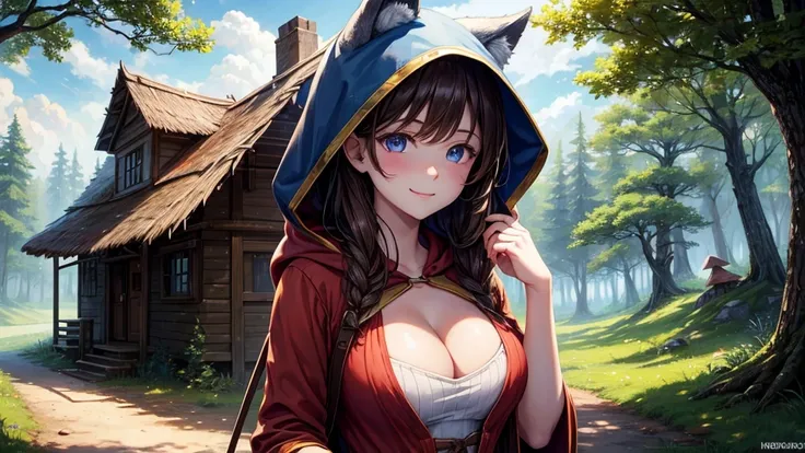 1girl, solo, rural landscape, deep forest, trees, sun, clouds, fantasy, hut, mushroom, basket with bread, path, brown hair, large breasts, red ress, hood,, cleavage 1:3, blue eyes, smile, looking at the viewer, standing, ((wolf in the background))