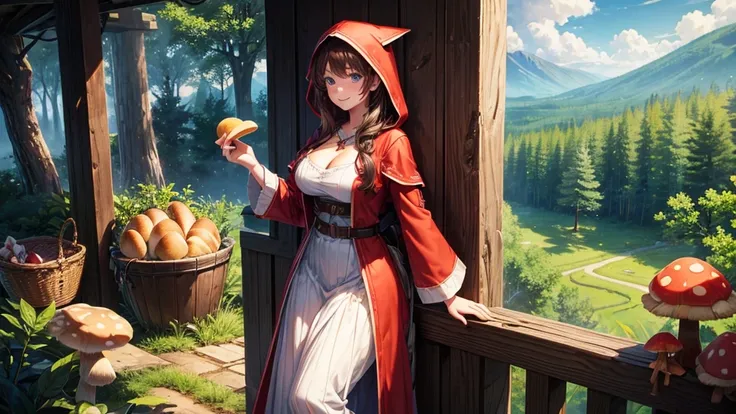 1girl, solo, rural landscape, deep forest, trees, sun, clouds, fantasy, hut, mushroom, basket with bread, path, brown hair, large breasts, red ress, hood,, cleavage 1:3, blue eyes, smile, looking at the viewer, standing, ((wolf in the background))