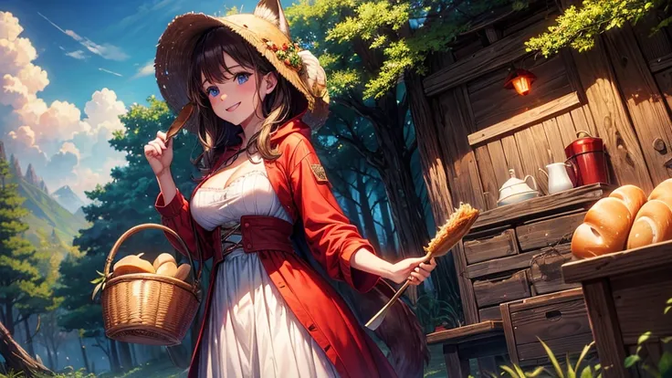 1girl, solo, rural landscape, deep forest, trees, sun, clouds, fantasy, hut, mushroom, basket with bread, path, brown hair, large breasts, red ress, hood,, cleavage 1:3, blue eyes, smile, looking at the viewer, standing, ((wolf in the background))