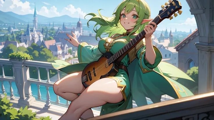 Thick thighs,Anime Style,A detailed background with many people,Magical World,A lively balcony with many people,Smiling bard beautiful elf girl,guitar,Large Breasts