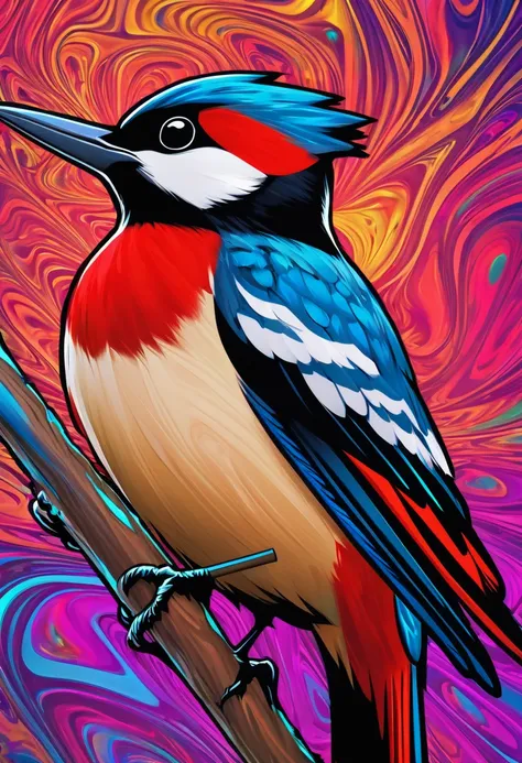 Generate this same image of the woodpecker with the pipe in excellent quality with different psychedelic effects