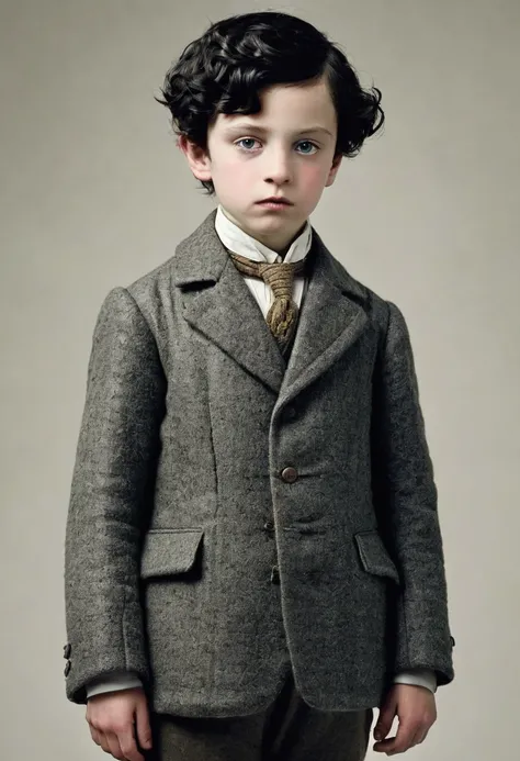 A thin lowborn boy from the victorian age. He looks nervous and is average looking. He has short black hair that’s kept in a sidepart, but his hair is also slightly curly. He is thin and his skin is pale. He is dressed in a winter suit.