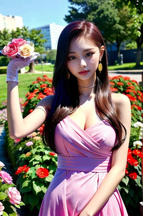 Tzuyu 1, woman, (Realistic), (Hyperrealism), (photoRealistic), Written boundary depth, eye make up:0.7 (whole body:1.8), (Large Bust),(Tight waist), Observe the audience,At the flower garden, Fashion Model, A sexy dress with open shoulders and neckline
