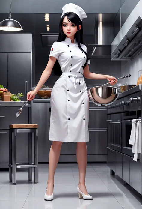 a beautiful girl dressed as a chef dressed as a cook all white, with long black hair [blue eyes,] full body view in 32k in very ...