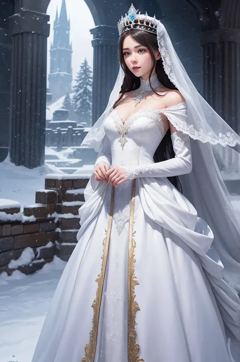 A book cover with a blizzard scene with the ground covered in snow, the character will be holding a shiny iron princess crown, he is a woman Albina, she is dressed in white, a dress similar to that of a bride, but without the veil behind her, there will be...