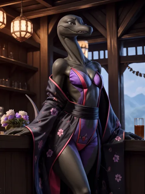 uploaded on e621, 3d , (bastika, cutesexyrobutts, hioshiru), female, solo, salazzle, tavern, (wearing a black kimono, long kimono, kimono with long sleeves, flowers on kimono) happy, natural breasts, long flowing tail