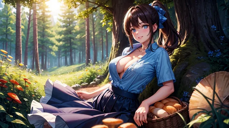 1girl, solo, rural landscape, deep forest, trees, sun, clouds, fantasy, hut, mushroom, basket with bread, path, brown hair, ponytail, large breasts, button down shirt, ((blue floral pattern shirt)), ((short sleeved shirt)), ((unbuttoned shirt)), unbuttonin...