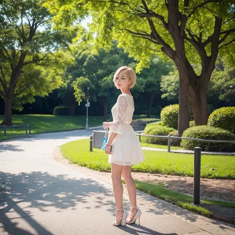 Profile photo。A blonde short-haired woman is standing in a sunny park。There is a tree in the back々。White lace outfit。Shorts and high heels。