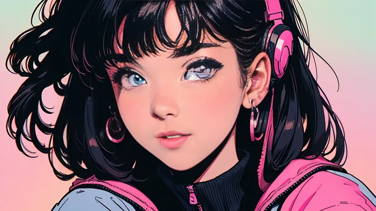 lofi, Battle DJ girl in HIPHOP fashion wearing DJ headphones, High resolution,Super detailed,Realistic,Portraiture,White women,18-year-old,Black Hair, bangs,Hazel Iris,Toned Up,Physically slim,Realistic proportions,Anatomically correct,university student,s...