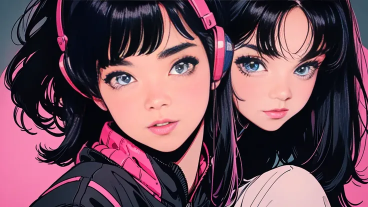 lofi, Battle DJ girl in HIPHOP fashion wearing DJ headphones, High resolution,Super detailed,Realistic,Portraiture,White women,18-year-old,Black Hair, bangs,Hazel Iris,Toned Up,Physically slim,Realistic proportions,Anatomically correct,university student,s...