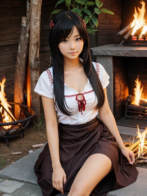 anime style girl sitting near the bornfire with traditional attire