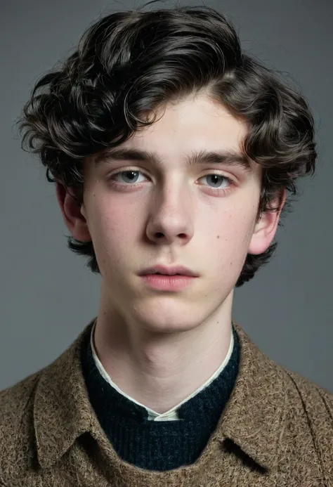 A thin lowborn young man from the victorian age. He is 19 years old. He looks nervous and is average looking. He has short black hair that’s kept in a sidepart, but his hair is also slightly curly. He is thin and his skin is pale. He is dressed in a winter...