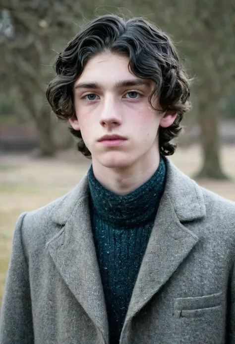 A thin lowborn young man from the victorian age. He is 19 years old. He looks nervous and is average looking. He has short black hair that’s kept in a sidepart, but his hair is also slightly curly. He is thin and his skin is pale. He is dressed in a winter...