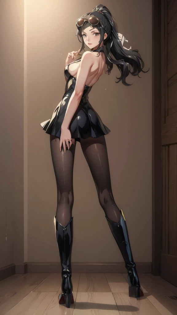 1girl, 独奏, boots, eyewear on head, black hair, dress, high heels, sunglasses, short dress, long hair, looking back, breasts, ponytail, nico robin, Legs，medium_breasts，sideboob，White sheer skirt