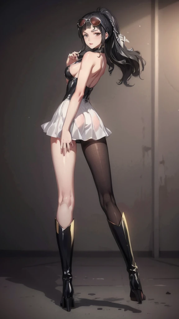 1girl, 独奏, boots, eyewear on head, black hair, dress, high heels, sunglasses, short dress, long hair, looking back, breasts, ponytail, nico robin, Legs，medium_breasts，sideboob，White sheer skirt