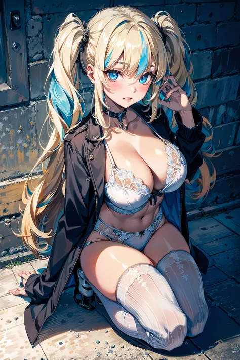 absurd, 8K, high resolution, ultra detailed, beautiful, masterpiece, best quality, very pretty woman, young, blonde hair, (very big breasts:1.3), detailed womans face, very attractive, (white lingerie:1.2), full body, harley_quinn_isekai, chocker, light-sk...