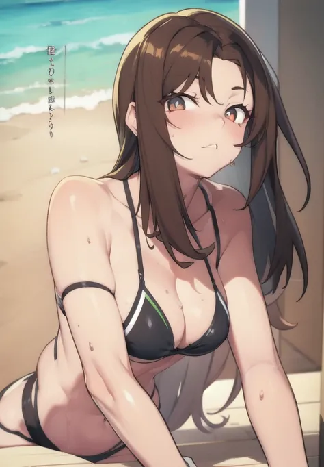 1.5),(girl),(Dynamic pose),Brown Hair,(Vermilion eyes),(first round),Big Breasts,Swimwear