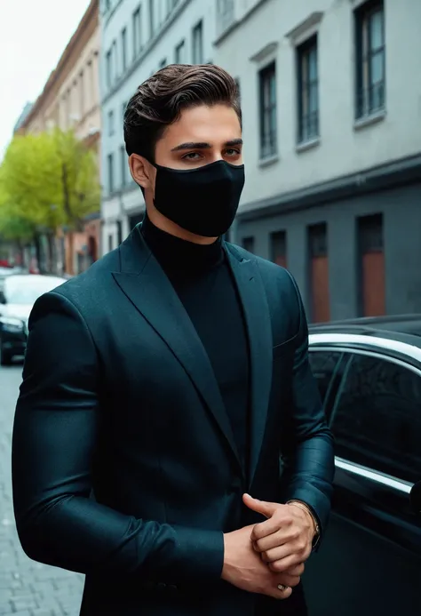 8k, Realistic photo of handsome Young Cute men ,street , black mask , cars protocol 
