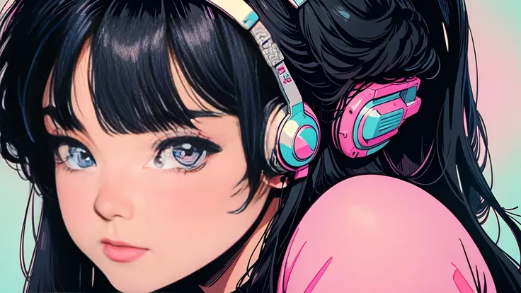 lofi, Battle DJ girl in HIPHOP fashion wearing DJ headphones, High resolution,Super detailed,Realistic,Portraiture,White women,18-year-old,Black Hair, bangs,Hazel Iris,Toned Up,Physically slim,Realistic proportions,Anatomically correct,university student,s...