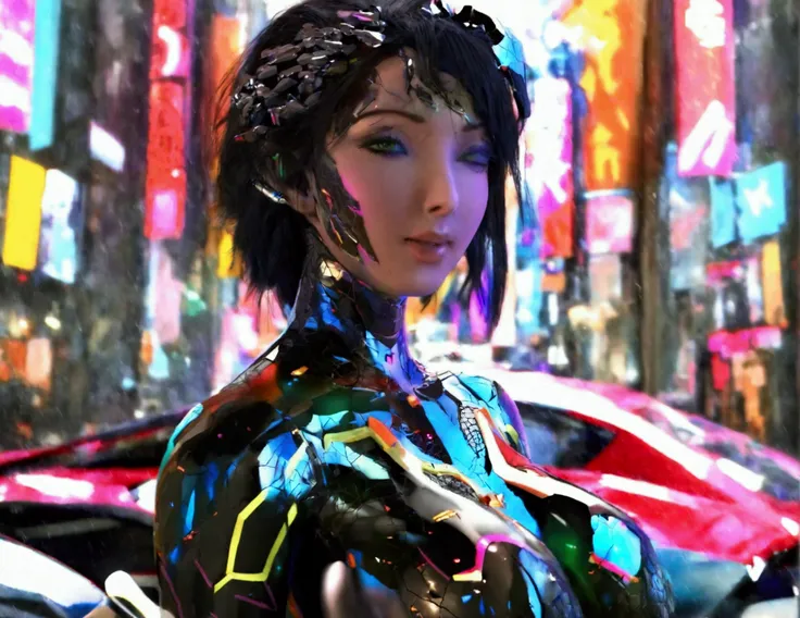 A cute woman, beautiful detailed eyes, beautiful detailed lips, extremely detailed face and skin, long eyelashes, wearing a sexy skin-tight bodysuit, a few cybernetic data-ports mar her skin, neon chrome color scheme, posing next to a matching cyber super ...