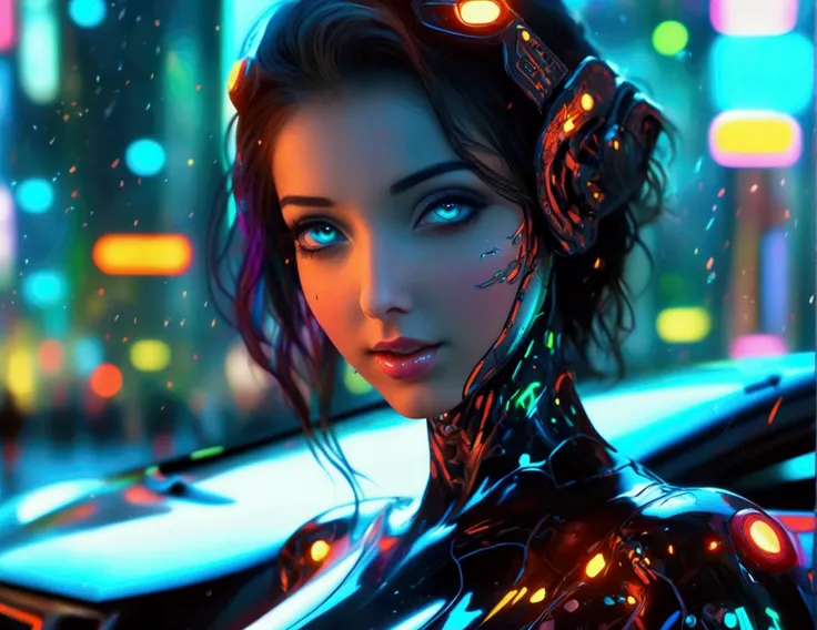 A cute woman, beautiful detailed eyes, beautiful detailed lips, extremely detailed face and skin, long eyelashes, wearing a sexy skin-tight bodysuit, a few cybernetic data-ports mar her skin, neon chrome color scheme, posing next to a matching cyber super ...