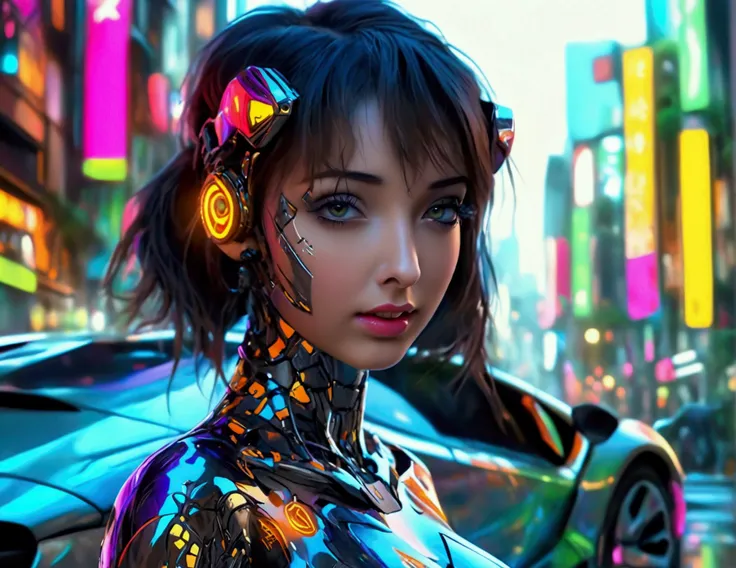 A cute woman, beautiful detailed eyes, beautiful detailed lips, extremely detailed face and skin, long eyelashes, wearing a sexy skin-tight bodysuit, a few cybernetic data-ports mar her skin, neon chrome color scheme, posing next to a matching cyber super ...