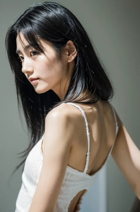 (masterpiece:1.3), (Photorealistic, Raw photo, Highest quality: 1.4), Skinny Japanese woman, 30 years old, (One Girl), (Back view), Not looking at me, Fine grain, (Black-haired, Long Hair:1.3), (Realistic Skin), (Silver Camisole), Ultra-high resolution, Su...