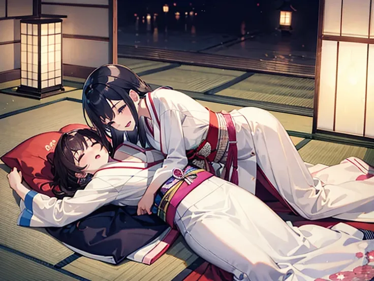 Two women hugging，Japanese clothing，Japanese-style room，Unbuttoned，Im drunk，Midnight，Adult atmosphere，Change of clothes，Lying down，Lantern