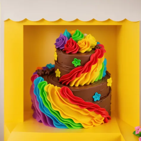 worth a toy plastic yellow store, inside the store chocolate cake with rainbow cream. there is a plastic banner next to it, next to it is a vase of flowers, next to the wall hangs a wooden shelf with carvings on which lie bright sweets, bakery shop scene w...