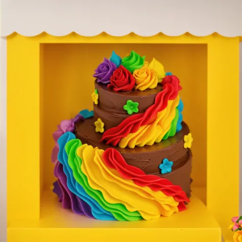 worth a toy plastic yellow store, inside the store chocolate cake with rainbow cream. there is a plastic banner next to it, next to it is a vase of flowers, next to the wall hangs a wooden shelf with carvings on which lie bright sweets, bakery shop scene w...