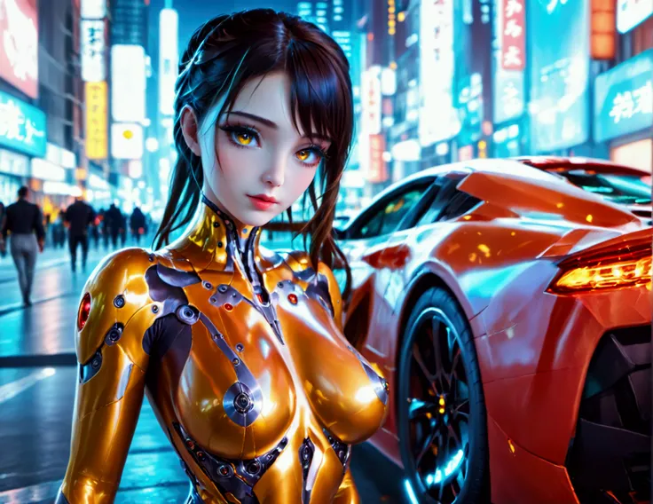 A cute woman, beautiful detailed eyes, beautiful detailed lips, extremely detailed face and skin, long eyelashes, wearing a sexy skin-tight bodysuit, a few cybernetic data-ports mar her skin, neon chrome color scheme, posing next to a matching cyber super ...