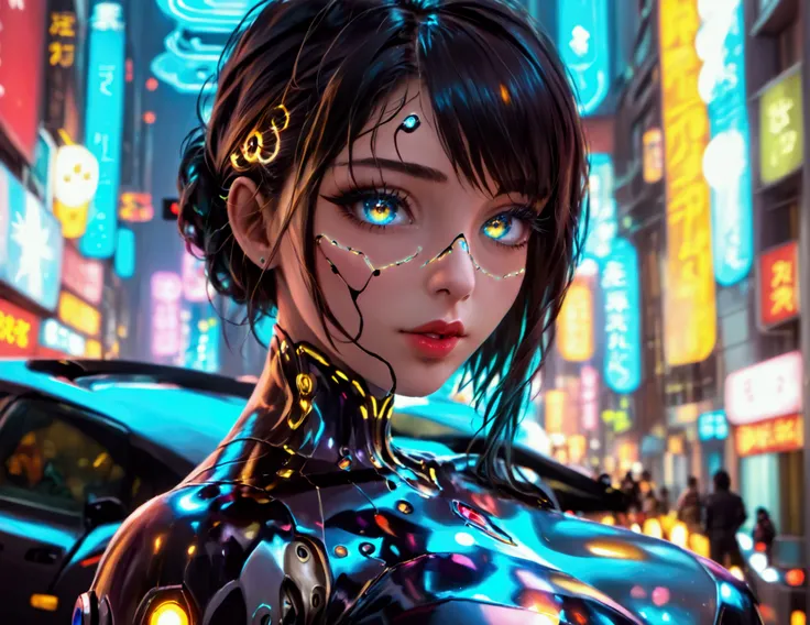 A cute woman, beautiful detailed eyes, beautiful detailed lips, extremely detailed face and skin, long eyelashes, wearing a sexy skin-tight bodysuit, a few cybernetic data-ports mar her skin, neon chrome color scheme, posing next to a matching cyber super ...