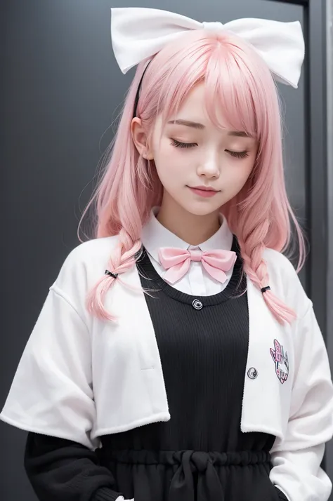 Girl with pink hair and white bow happy and closed eyes in black clothes