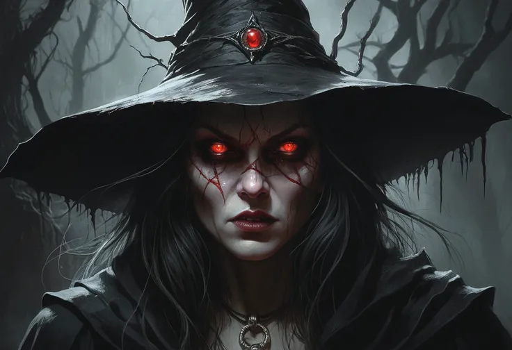 A painting of a witch with a red eyes, wearing pointed hat, inspired by Aleksi Briclot, woman, de carnage, Horror fantasy art, par Aleksi Briclot, Horror concept art, venin, Art fantastique et horreur, Detailed illustration of 4K horror, Dark Horror Art