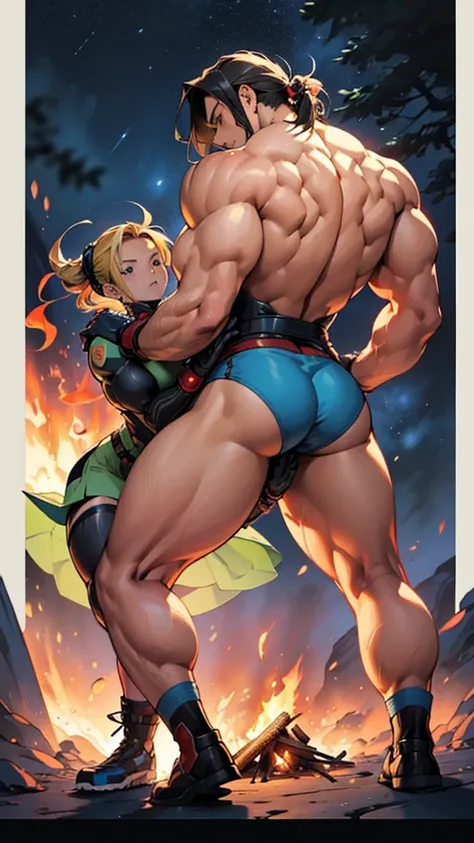 anime art of a couple hugging in front of a campfire, fofosexyrobutts, Lit from behind, Powerful girl, inspired by Masamune Shirow, lit from below, epic color illustration, side lit, highly detailed exquisite fanart, beautiful comic art, sww version, inspi...