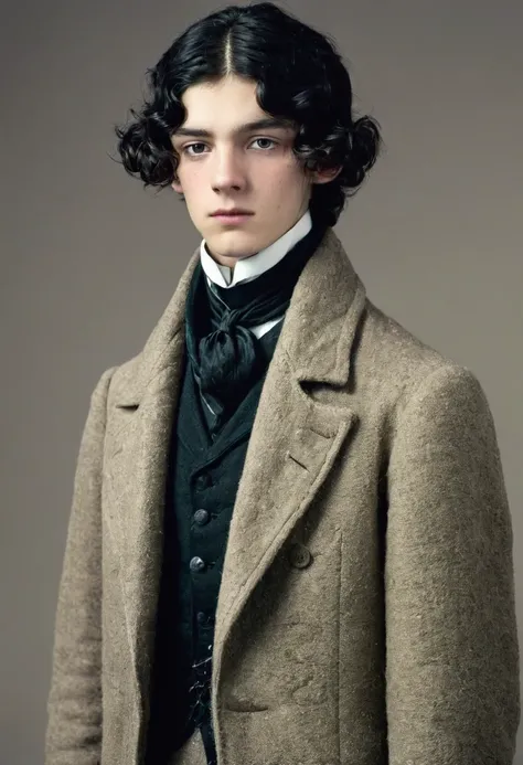 A thin lowborn young man from the victorian age. He is tall. He is 19 years old. He looks nervous and is average looking. He has short black hair that’s kept in a sidepart, but his hair is also slightly curly on the ends. He is thin and his skin is pale. H...