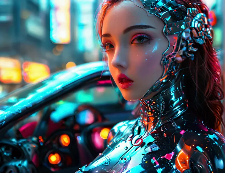 A cute woman, beautiful detailed eyes, beautiful detailed lips, extremely detailed face and skin, long eyelashes, wearing a sexy skin-tight bodysuit, a few cybernetic data-ports mar her skin, neon chrome color scheme, posing next to a matching cyber super ...