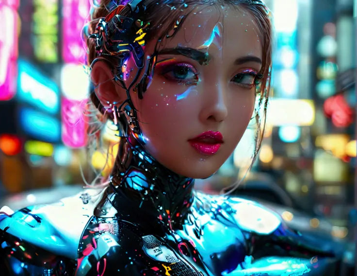 A cute woman, beautiful detailed eyes, beautiful detailed lips, extremely detailed face and skin, long eyelashes, wearing a sexy skin-tight bodysuit, a few cybernetic data-ports mar her skin, neon chrome color scheme, posing next to a matching cyber super ...