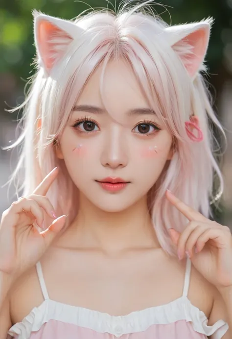 Anime girl with a pair of cat ears, Soft white hair inside the ears, Her eyes were wide open.，Curious, She was happy to see me, beautiful eyes, White hair, Pink Eyes, Good Art, Good painting, anime 2D, 2D, Lovely, 2 hands，5 fingers on each hand, Beautiful ...