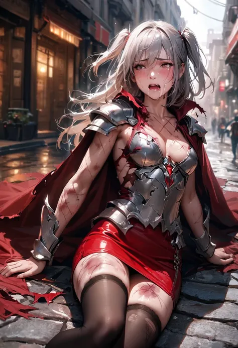 (best quality), (masterpiece, realistic), high res, all detailed, perfect anatomy, (two side up), long hair, silver hair, (red pencil Dress, single shoulders armor and Cape, pencil miniskirt), medium cleavage, black thigh-highs, (injury skin, scar skin, bl...