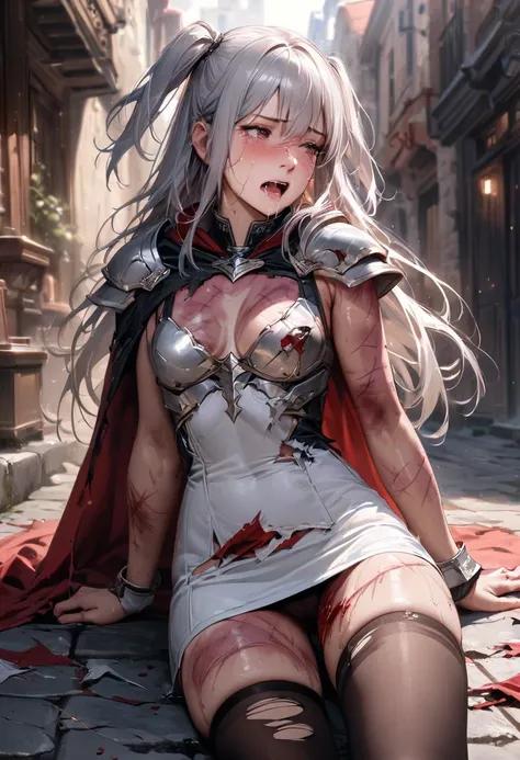 (best quality), (masterpiece, realistic), high res, all detailed, perfect anatomy, (two side up), long hair, silver hair, (red pencil Dress, single shoulders armor and Cape, pencil miniskirt), medium cleavage, black thigh-highs, (injury skin, scar skin, bl...