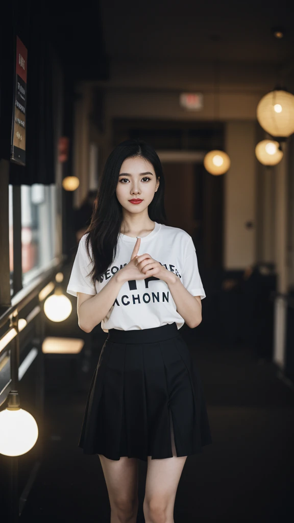 a Chinese woman with beautiful Delicate eyes, Beautiful and delicate lips, Extremely detailed face and skin, Pale skin, 23 years old, wearing a t-shirt, black sequined skirt, skirt, high heels, medium long shot, dancing in the dance hall, beautiful lights,...