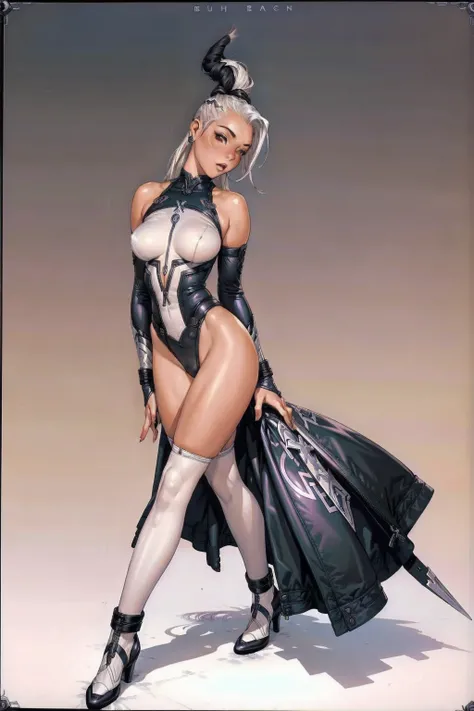 (((half_buzzcut_hairstyle))), (((storm from X-men))), (((Dark Skin))), (((Afro American girl))), (((Mohawk white hair))), (((best qualityer))), (((perfectbody))), (((1girl))), Beautiful African American woman in cyberpunk jacket, (((glossy black skin))), (...