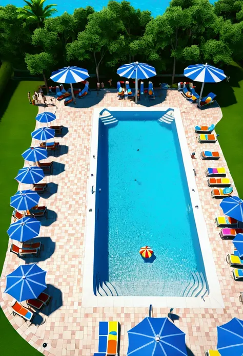 (Pool parties), a lively pool. The blue color of the pool reflects the sunlight, surrounded by colorful beach chairs and umbrellas. People play in the pool, surrounded by barbecue and juice stalls, creating a lively  atmosphere. The background is the entir...