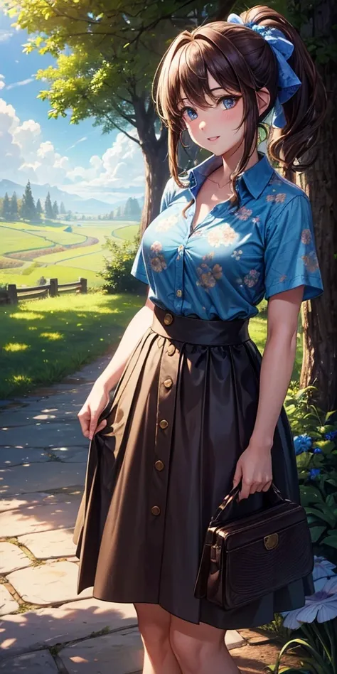 1girl, solo, rural landscape, stream, trees, sun, clouds, fantasy, hut, mushroom, path, brown hair, ponytail, long hair, large breasts, button down shirt, ((blue floral pattern shirt)), ((short sleeved shirt)), ((unbuttoned shirt)), unbuttoning buttons, cl...