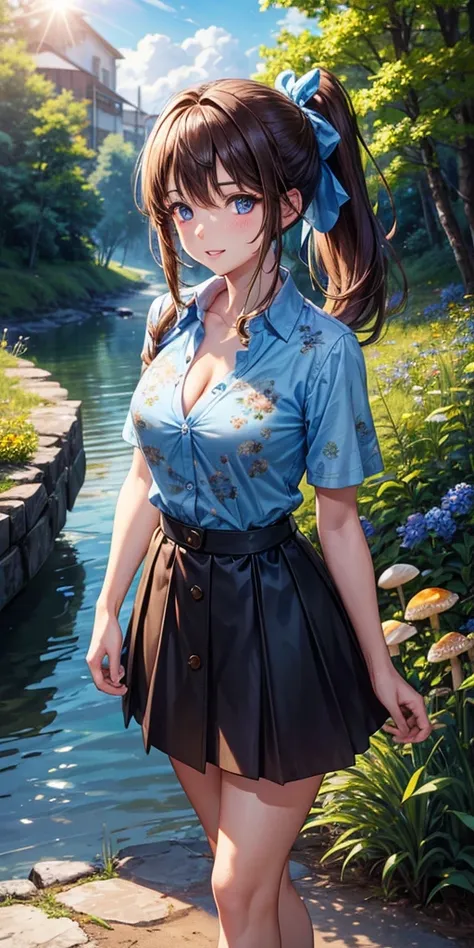 1girl, solo, rural landscape, stream, trees, sun, clouds, fantasy, hut, mushroom, path, brown hair, ponytail, long hair, large breasts, button down shirt, ((blue floral pattern shirt)), ((short sleeved shirt)), ((unbuttoned shirt)), unbuttoning buttons, cl...