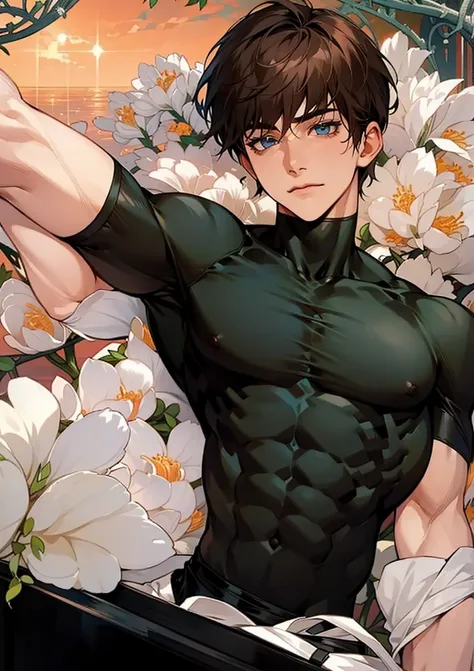 1 young teen boy, detailed boy, muscular boy, brown hair, blue eyes, twink, small waist, big arms, chiseled abs, big voluptuous chest, body wrapped in beautiful flower vines, see-through clothes, floral scene, sunset beautiful floral field, high quality, d...