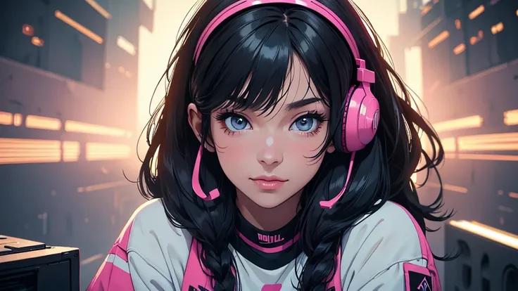 lofi, Battle DJ girl in HIPHOP fashion wearing DJ headphones, High resolution,Super detailed,Realistic,Portraiture,White women,18-year-old,Black Hair, bangs,Hazel Iris,Toned Up,Physically slim,Realistic proportions,Anatomically correct,university student,s...