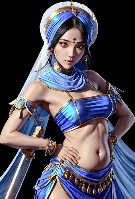 Li Dai Blue Turban Headdress，She&#39;s wearing a belly dancing dress and she&#39;s holding a laser sword， The purple veil covered her entire face