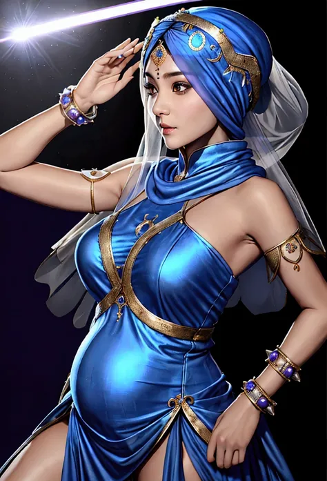 Li Dai Blue Turban Headdress，She&#39;s wearing a belly dancing dress and she&#39;s holding a laser sword， The purple veil covered her entire face